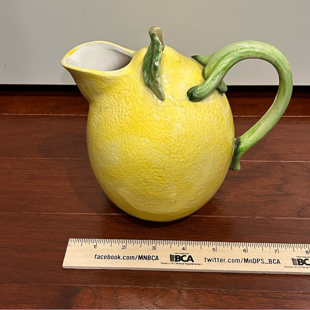 Vintage Ceramic Lemon Pitcher Green Leaf Handle Crafted in Japan hand painted - Picture 8 of 10